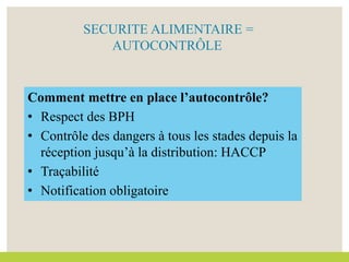 SECURITE ALIMENTAIRE =
AUTOCONTRÔLE
Comment mettre en place l’autocontrôle?
• Respect des BPH
• Contrôle des dangers à tous les stades depuis la
réception jusqu’à la distribution: HACCP
• Traçabilité
• Notification obligatoire
 