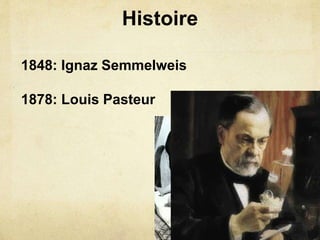 Histoire
1848: Ignaz Semmelweis
1878: Louis Pasteur
 