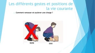 Les différents gestes et positions de
la vie courante
 Comment ramasser et soulever une charge ?
 