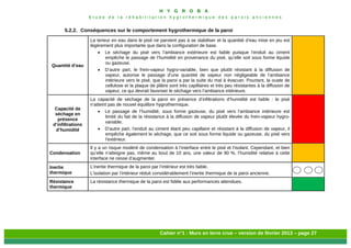 H Y G R O B A
E t u d e d e l a r é h a b i l i t a t i o n h y g r o t h e r m i q u e d e s p a r o i s a n c i e n n e s
Cahier n°1 : Murs en terre crue – version de février 2013 – page 27
5.2.2. Conséquences sur le comportement hygrothermique de la paroi
Quantité d’eau
La teneur en eau dans le pisé ne parvient pas à se stabiliser et la quantité d’eau mise en jeu est
légèrement plus importante que dans la configuration de base.
 Le séchage du pisé vers l’ambiance extérieure est faible puisque l’enduit au ciment
empêche le passage de l’humidité en provenance du pisé, qu’elle soit sous forme liquide
ou gazeuse.
 D’autre part, le frein-vapeur hygro-variable, bien que plutôt résistant à la diffusion de
vapeur, autorise le passage d’une quantité de vapeur non négligeable de l’ambiance
intérieure vers le pisé, que la paroi a par la suite du mal à évacuer. Pourtant, la ouate de
cellulose et la plaque de plâtre sont très capillaires et très peu résistantes à la diffusion de
vapeur, ce qui devrait favoriser le séchage vers l’ambiance intérieure.
Capacité de
séchage en
présence
d’infiltrations
d’humidité
La capacité de séchage de la paroi en présence d’infiltrations d’humidité est faible : le pisé
n’atteint pas de nouvel équilibre hygrothermique.
 Le passage de l’humidité, sous forme gazeuse, du pisé vers l’ambiance intérieure est
limité du fait de la résistance à la diffusion de vapeur plutôt élevée du frein-vapeur hygro-
variable.
 D’autre part, l’enduit au ciment étant peu capillaire et résistant à la diffusion de vapeur, il
empêche également le séchage, que ce soit sous forme liquide ou gazeuse, du pisé vers
l’extérieur.
Condensation
Il y a un risque modéré de condensation à l’interface entre le pisé et l’isolant. Cependant, et bien
qu’elle n’atteigne pas, même au bout de 10 ans, une valeur de 90 %, l’humidité relative à cette
interface ne cesse d’augmenter.
Inertie
thermique
L’inertie thermique de la paroi par l’intérieur est très faible.
L’isolation par l’intérieur réduit considérablement l’inertie thermique de la paroi ancienne.
Résistance
thermique
La résistance thermique de la paroi est fidèle aux performances attendues.
 