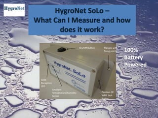 HygroNet SoLo –What Can I Measure and how does it work?100% Battery PoweredFlanges with fixing pointsOn/Off ButtonGSM Reception LEDAmbient Temperature/humiditySensor Position OF WME Jack Socket