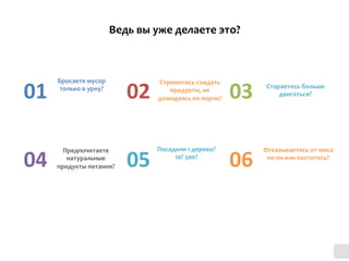 Ведь	
  вы	
  уже	
  делаете	
  это?	
  
Бросаете	
  мусор	
  
только	
  в	
  урну?	
  
01	
  
Стремитесь	
  съедать	
  
продукты,	
  не	
  
дожидаясь	
  их	
  порчи?	
  02	
   Стараетесь	
  больше	
  
двигаться?	
  03	
  
Предпочитаете	
  
натуральные	
  
продукты	
  питания?	
  04	
  
Посадили	
  1	
  дерево?	
  
10?	
  500?	
  	
  
05	
  
Отказываетесь	
  от	
  мяса	
  
по	
  пн	
  или	
  поститесь?	
  
06	
  
 