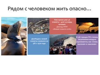 1907	
  -­‐	
  2017	
  
Рядом	
  с	
  человеком	
  жить	
  опасно…	
  
ДокИндекс	
  живой	
  
планеты	
  снизился	
  на	
  
58%	
  с	
  1970	
  года
Нам	
  нужно	
  уже	
  1,6	
  
планеты	
  –	
  для	
  7,5	
  млрд.	
  
человек.	
  	
  
Доклад	
  WWF	
  	
  
«Живая	
  планета	
  2016»
В	
  138	
  городах	
  РФ	
  степень	
  
загрязнения	
  воздуха	
  
оценивается,	
  как	
  «очень	
  
высокая»	
  и	
  «высокая»	
  
 