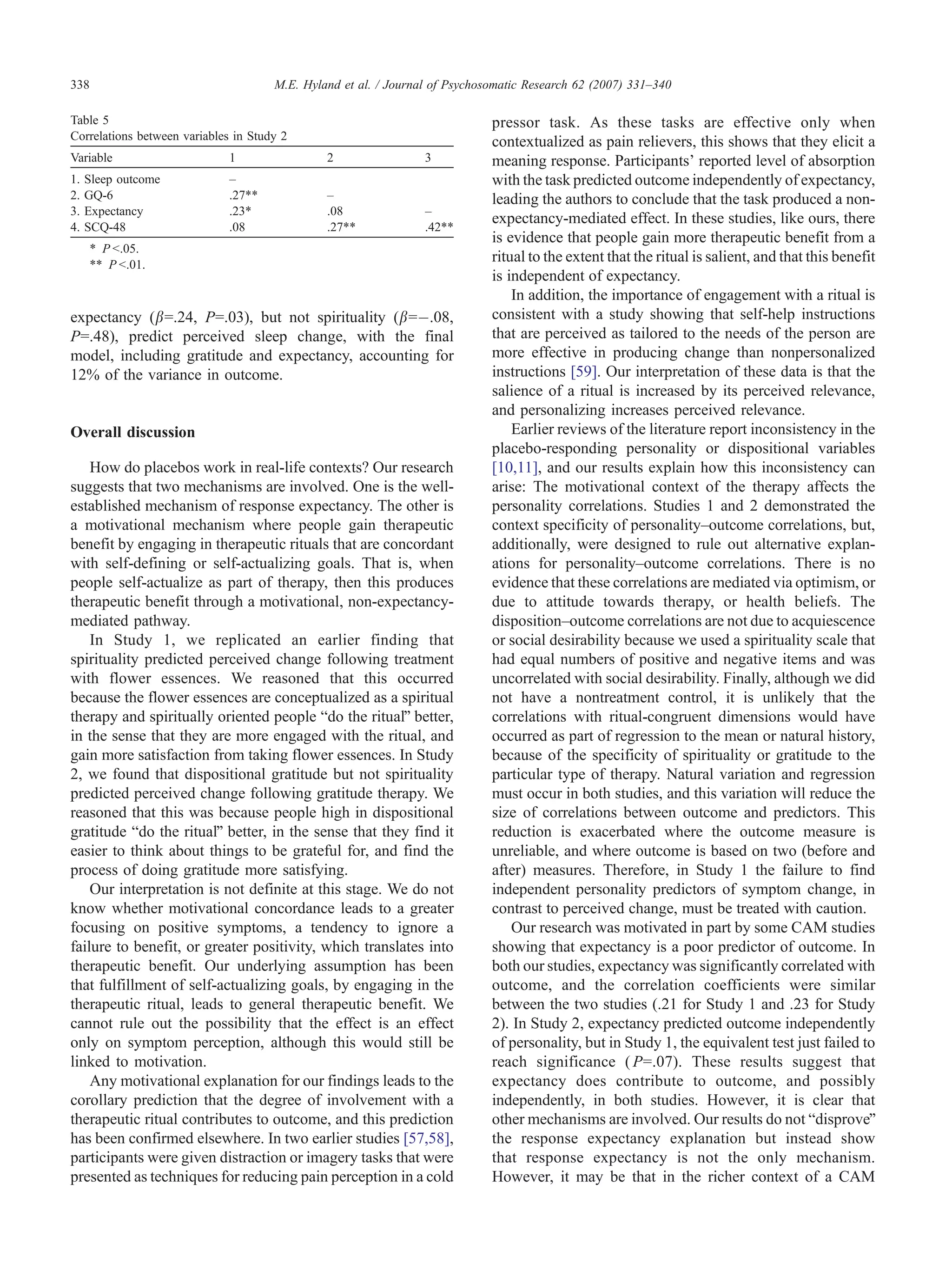 338                                   M.E. Hyland et al. / Journal of Psychosomatic Research 62 (2007) 331–340

Table 5                                                                      pressor task. As these tasks are effective only when
Correlations between variables in Study 2
                                                                             contextualized as pain relievers, this shows that they elicit a
Variable                      1                2                 3           meaning response. Participants’ reported level of absorption
1.   Sleep outcome            –                                              with the task predicted outcome independently of expectancy,
2.   GQ-6                     .2744            –                             leading the authors to conclude that the task produced a non-
3.   Expectancy               .234             .08               –
                                                                             expectancy-mediated effect. In these studies, like ours, there
4.   SCQ-48                   .08              .2744             .4244
                                                                             is evidence that people gain more therapeutic benefit from a
      4 P b.05.
      44 P b.01.
                                                                             ritual to the extent that the ritual is salient, and that this benefit
                                                                             is independent of expectancy.
                                                                                 In addition, the importance of engagement with a ritual is
expectancy (b=.24, P=.03), but not spirituality (b=À.08,                     consistent with a study showing that self-help instructions
P=.48), predict perceived sleep change, with the final                       that are perceived as tailored to the needs of the person are
model, including gratitude and expectancy, accounting for                    more effective in producing change than nonpersonalized
12% of the variance in outcome.                                              instructions [59]. Our interpretation of these data is that the
                                                                             salience of a ritual is increased by its perceived relevance,
                                                                             and personalizing increases perceived relevance.
Overall discussion                                                               Earlier reviews of the literature report inconsistency in the
                                                                             placebo-responding personality or dispositional variables
    How do placebos work in real-life contexts? Our research                 [10,11], and our results explain how this inconsistency can
suggests that two mechanisms are involved. One is the well-                  arise: The motivational context of the therapy affects the
established mechanism of response expectancy. The other is                   personality correlations. Studies 1 and 2 demonstrated the
a motivational mechanism where people gain therapeutic                       context specificity of personality–outcome correlations, but,
benefit by engaging in therapeutic rituals that are concordant               additionally, were designed to rule out alternative explan-
with self-defining or self-actualizing goals. That is, when                  ations for personality–outcome correlations. There is no
people self-actualize as part of therapy, then this produces                 evidence that these correlations are mediated via optimism, or
therapeutic benefit through a motivational, non-expectancy-                  due to attitude towards therapy, or health beliefs. The
mediated pathway.                                                            disposition–outcome correlations are not due to acquiescence
    In Study 1, we replicated an earlier finding that                        or social desirability because we used a spirituality scale that
spirituality predicted perceived change following treatment                  had equal numbers of positive and negative items and was
with flower essences. We reasoned that this occurred                         uncorrelated with social desirability. Finally, although we did
because the flower essences are conceptualized as a spiritual                not have a nontreatment control, it is unlikely that the
therapy and spiritually oriented people bdo the ritualQ better,              correlations with ritual-congruent dimensions would have
in the sense that they are more engaged with the ritual, and                 occurred as part of regression to the mean or natural history,
gain more satisfaction from taking flower essences. In Study                 because of the specificity of spirituality or gratitude to the
2, we found that dispositional gratitude but not spirituality                particular type of therapy. Natural variation and regression
predicted perceived change following gratitude therapy. We                   must occur in both studies, and this variation will reduce the
reasoned that this was because people high in dispositional                  size of correlations between outcome and predictors. This
gratitude bdo the ritualQ better, in the sense that they find it             reduction is exacerbated where the outcome measure is
easier to think about things to be grateful for, and find the                unreliable, and where outcome is based on two (before and
process of doing gratitude more satisfying.                                  after) measures. Therefore, in Study 1 the failure to find
    Our interpretation is not definite at this stage. We do not              independent personality predictors of symptom change, in
know whether motivational concordance leads to a greater                     contrast to perceived change, must be treated with caution.
focusing on positive symptoms, a tendency to ignore a                            Our research was motivated in part by some CAM studies
failure to benefit, or greater positivity, which translates into             showing that expectancy is a poor predictor of outcome. In
therapeutic benefit. Our underlying assumption has been                      both our studies, expectancy was significantly correlated with
that fulfillment of self-actualizing goals, by engaging in the               outcome, and the correlation coefficients were similar
therapeutic ritual, leads to general therapeutic benefit. We                 between the two studies (.21 for Study 1 and .23 for Study
cannot rule out the possibility that the effect is an effect                 2). In Study 2, expectancy predicted outcome independently
only on symptom perception, although this would still be                     of personality, but in Study 1, the equivalent test just failed to
linked to motivation.                                                        reach significance ( P=.07). These results suggest that
    Any motivational explanation for our findings leads to the               expectancy does contribute to outcome, and possibly
corollary prediction that the degree of involvement with a                   independently, in both studies. However, it is clear that
therapeutic ritual contributes to outcome, and this prediction               other mechanisms are involved. Our results do not bdisproveQ
has been confirmed elsewhere. In two earlier studies [57,58],                the response expectancy explanation but instead show
participants were given distraction or imagery tasks that were               that response expectancy is not the only mechanism.
presented as techniques for reducing pain perception in a cold               However, it may be that in the richer context of a CAM
 