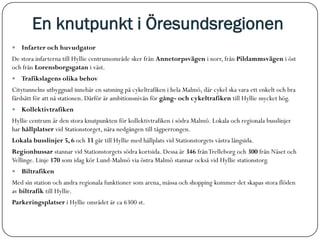 En knutpunkt i Öresundsregionen
   Infarter och huvudgator
De stora infarterna till Hyllie centrumområde sker från Annetorpsvägen i norr, från Pildammsvägen i öst
och från Lorensborgsgatan i väst.
   Trafikslagens olika behov
Citytunnelns utbyggnad innebär en satsning på cykeltrafiken i hela Malmö, där cykel ska vara ett enkelt och bra
färdsätt för att nå stationen. Därför är ambitionsnivån för gång- och cykeltrafiken till Hyllie mycket hög.
   Kollektivtrafiken
Hyllie centrum är den stora knutpunkten för kollektivtrafiken i södra Malmö. Lokala och regionala busslinjer
har hållplatser vid Stationstorget, nära nedgången till tågperrongen.
Lokala busslinjer 5, 6 och 33 går till Hyllie med hållplats vid Stationstorgets västra långsida.
Regionbussar stannar vid Stationstorgets södra kortsida. Dessa är 346 från Trelleborg och 300 från Näset och
Vellinge. Linje 170 som idag kör Lund-Malmö via östra Malmö stannar också vid Hyllie stationstorg.
   Biltrafiken
Med sin station och andra regionala funktioner som arena, mässa och shopping kommer det skapas stora flöden
av biltrafik till Hyllie.
Parkeringsplatser i Hyllie området är ca 6300 st.
 