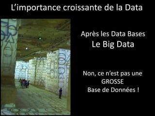 L’importance croissante de la Data

                  Après les Data Bases
                     Le Big Data


                  Non, ce n’est pas une
                        GROSSE
                   Base de Données !
 
