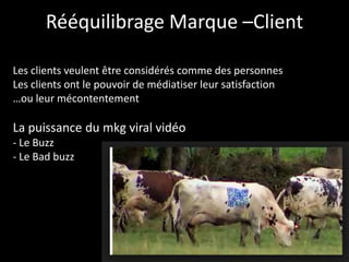 Rééquilibrage Marque –Client

Les clients veulent être considérés comme des personnes
Les clients ont le pouvoir de médiatiser leur satisfaction
…ou leur mécontentement

La puissance du mkg viral vidéo
- Le Buzz
- Le Bad buzz
 