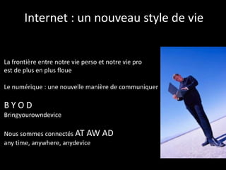 Internet : un nouveau style de vie


La frontière entre notre vie perso et notre vie pro
est de plus en plus floue

Le numérique : une nouvelle manière de communiquer

BYOD
Bringyourowndevice

Nous sommes connectés AT AW         AD
any time, anywhere, anydevice
 