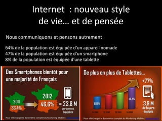 Internet : nouveau style
              de vie… et de pensée
Nous communiquons et pensons autrement
64% de la population est équipée d’un appareil nomade
47% de la population est équipée d’un smartphone
8% de la population est équipée d’une tablette
 