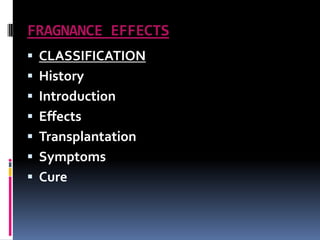 FRAGNANCE EFFECTS
 CLASSIFICATION
 History
 Introduction
 Effects
 Transplantation
 Symptoms
 Cure
 