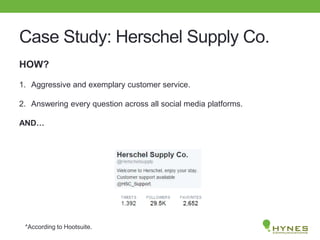 Case Study: Herschel Supply Co.
HOW?
1. Aggressive and exemplary customer service.
2. Answering every question across all social media platforms.
AND…
*According to Hootsuite.
 