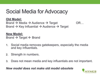 Social Media for Advocacy
Old Model:
Brand  Media  Audience  Target OR…
Brand  Key Influential  Audience  Target
New Model:
Brand  Target  Brand
1. Social media removes gatekeepers, especially the media
and key influentials.
2. Strength in numbers.
3. Does not mean media and key influentials are not important.
New model does not make old model obsolete
 