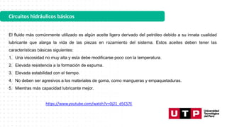 Circuitos hidráulicos básicos
El fluido más comúnmente utilizado es algún aceite ligero derivado del petróleo debido a su innata cualidad
lubricante que alarga la vida de las piezas en rozamiento del sistema. Estos aceites deben tener las
características básicas siguientes:
1. Una viscosidad no muy alta y esta debe modificarse poco con la temperatura.
2. Elevada resistencia a la formación de espuma.
3. Elevada estabilidad con el tiempo.
4. No deben ser agresivos a los materiales de goma, como mangueras y empaquetaduras.
5. Mientras más capacidad lubricante mejor.
https://www.youtube.com/watch?v=0j21_d5CS7E
 