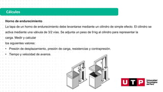 Cálculos
Horno de endurecimiento
La tapa de un horno de endurecimiento debe levantarse mediante un cilindro de simple efecto. El cilindro se
activa mediante una válvula de 3/2 vías. Se adjunta un peso de 9 kg al cilindro para representar la
carga. Medir y calcular
los siguientes valores:
• Presión de desplazamiento, presión de carga, resistencias y contrapresión.
• Tiempo y velocidad de avance.
 