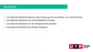 Conclusiones
• Los sistemas hidráulicos generan mayor fuerza que los neumáticos y son mas eficientes.
• Los sistemas hidráulicos son de fácil detección de fugas.
• Los sistemas hidráulicos son de configuración de sencillas.
• Los sistemas hidráulicos son de fácil instalación
 