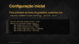 Configuração inicial
Para sobrepor as cores da guideline, customize em
source/common/core/config/_colors.scss:
$gl-do-override-theme-colors:true;
@mixingl-override-theme-colors{
$gl-theme-main-color:#808078;
$gl-theme-neutral-color:#333;
$gl-theme-highlight-color:#3A87AD;
$gl-theme-code-color:#C7254E;
}
01.
02.
03.
04.
05.
06.
07.
11F.biz|COMPANYCONFIDENTIAL
 