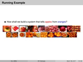 Running Example
How shall we build a system that tells apples from oranges?
Yun (AWS) SE Challenges March 16th, 2017 15 / 38
 