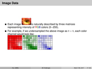 Image Data
Each image is naturally described by three matrices
representing intensity of RGB colors (0∼255).
For example, if we undersampled the above image as 8 × 8, each color
channel would look like:
Yun (AWS) SE Challenges March 16th, 2017 17 / 38
 