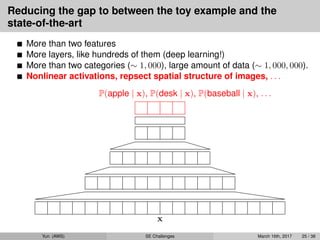 Reducing the gap to between the toy example and the
state-of-the-art
More than two features
More layers, like hundreds of them (deep learning!)
More than two categories (∼ 1, 000), large amount of data (∼ 1, 000, 000).
Nonlinear activations, repsect spatial structure of images, . . .
x
P(apple | x), P(desk | x), P(baseball | x), . . .
Yun (AWS) SE Challenges March 16th, 2017 25 / 38
 