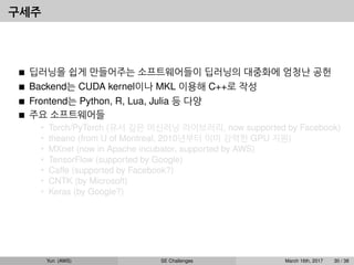 구세주
딥러닝을 쉽게 만들어주는 소프트웨어들이 딥러닝의 대중화에 엄청난 공헌
Backend는 CUDA kernel이나 MKL 이용해 C++로 작성
Frontend는 Python, R, Lua, Julia 등 다양
주요 소프트웨어들
• Torch/PyTorch (유서 깊은 머신러닝 라이브러리, now supported by Facebook)
• theano (from U of Montreal, 2010년부터 이미 강력한 GPU 지원)
• MXnet (now in Apache incubator, supported by AWS)
• TensorFlow (supported by Google)
• Caffe (supported by Facebook?)
• CNTK (by Microsoft)
• Keras (by Google?)
Yun (AWS) SE Challenges March 16th, 2017 30 / 38
 