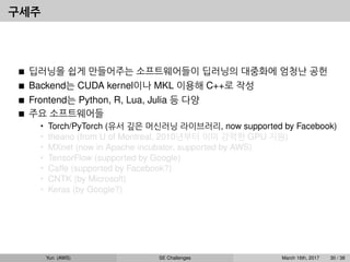 구세주
딥러닝을 쉽게 만들어주는 소프트웨어들이 딥러닝의 대중화에 엄청난 공헌
Backend는 CUDA kernel이나 MKL 이용해 C++로 작성
Frontend는 Python, R, Lua, Julia 등 다양
주요 소프트웨어들
• Torch/PyTorch (유서 깊은 머신러닝 라이브러리, now supported by Facebook)
• theano (from U of Montreal, 2010년부터 이미 강력한 GPU 지원)
• MXnet (now in Apache incubator, supported by AWS)
• TensorFlow (supported by Google)
• Caffe (supported by Facebook?)
• CNTK (by Microsoft)
• Keras (by Google?)
Yun (AWS) SE Challenges March 16th, 2017 30 / 38
 