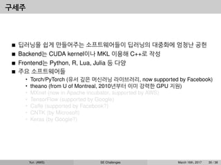 구세주
딥러닝을 쉽게 만들어주는 소프트웨어들이 딥러닝의 대중화에 엄청난 공헌
Backend는 CUDA kernel이나 MKL 이용해 C++로 작성
Frontend는 Python, R, Lua, Julia 등 다양
주요 소프트웨어들
• Torch/PyTorch (유서 깊은 머신러닝 라이브러리, now supported by Facebook)
• theano (from U of Montreal, 2010년부터 이미 강력한 GPU 지원)
• MXnet (now in Apache incubator, supported by AWS)
• TensorFlow (supported by Google)
• Caffe (supported by Facebook?)
• CNTK (by Microsoft)
• Keras (by Google?)
Yun (AWS) SE Challenges March 16th, 2017 30 / 38
 
