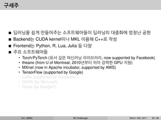 구세주
딥러닝을 쉽게 만들어주는 소프트웨어들이 딥러닝의 대중화에 엄청난 공헌
Backend는 CUDA kernel이나 MKL 이용해 C++로 작성
Frontend는 Python, R, Lua, Julia 등 다양
주요 소프트웨어들
• Torch/PyTorch (유서 깊은 머신러닝 라이브러리, now supported by Facebook)
• theano (from U of Montreal, 2010년부터 이미 강력한 GPU 지원)
• MXnet (now in Apache incubator, supported by AWS)
• TensorFlow (supported by Google)
• Caffe (supported by Facebook?)
• CNTK (by Microsoft)
• Keras (by Google?)
Yun (AWS) SE Challenges March 16th, 2017 30 / 38
 