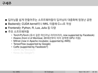 구세주
딥러닝을 쉽게 만들어주는 소프트웨어들이 딥러닝의 대중화에 엄청난 공헌
Backend는 CUDA kernel이나 MKL 이용해 C++로 작성
Frontend는 Python, R, Lua, Julia 등 다양
주요 소프트웨어들
• Torch/PyTorch (유서 깊은 머신러닝 라이브러리, now supported by Facebook)
• theano (from U of Montreal, 2010년부터 이미 강력한 GPU 지원)
• MXnet (now in Apache incubator, supported by AWS)
• TensorFlow (supported by Google)
• Caffe (supported by Facebook?)
• CNTK (by Microsoft)
• Keras (by Google?)
Yun (AWS) SE Challenges March 16th, 2017 30 / 38
 