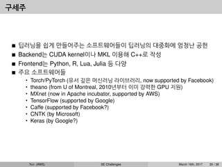 구세주
딥러닝을 쉽게 만들어주는 소프트웨어들이 딥러닝의 대중화에 엄청난 공헌
Backend는 CUDA kernel이나 MKL 이용해 C++로 작성
Frontend는 Python, R, Lua, Julia 등 다양
주요 소프트웨어들
• Torch/PyTorch (유서 깊은 머신러닝 라이브러리, now supported by Facebook)
• theano (from U of Montreal, 2010년부터 이미 강력한 GPU 지원)
• MXnet (now in Apache incubator, supported by AWS)
• TensorFlow (supported by Google)
• Caffe (supported by Facebook?)
• CNTK (by Microsoft)
• Keras (by Google?)
Yun (AWS) SE Challenges March 16th, 2017 30 / 38
 