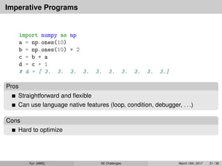 Imperative Programs
import numpy as np
a = np.ones(10)
b = np.ones(10) * 2
c = b * a
d = c + 1
# d = [ 3. 3. 3. 3. 3. 3. 3. 3. 3. 3.]
Pros
Straightforward and ﬂexible
Can use language native features (loop, condition, debugger, . . .)
Cons
Hard to optimize
Yun (AWS) SE Challenges March 16th, 2017 31 / 38
 