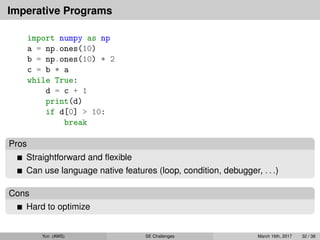 Imperative Programs
import numpy as np
a = np.ones(10)
b = np.ones(10) * 2
c = b * a
while True:
d = c + 1
print(d)
if d[0] > 10:
break
Pros
Straightforward and ﬂexible
Can use language native features (loop, condition, debugger, . . .)
Cons
Hard to optimize
Yun (AWS) SE Challenges March 16th, 2017 32 / 38
 