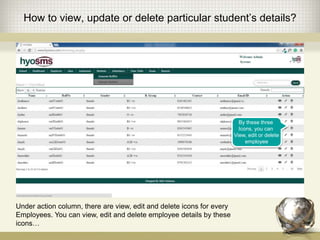 How to view, update or delete particular student’s details?
By these three
Icons, you can
View, edit or delete
employee
Under action column, there are view, edit and delete icons for every
Employees. You can view, edit and delete employee details by these
icons…
 