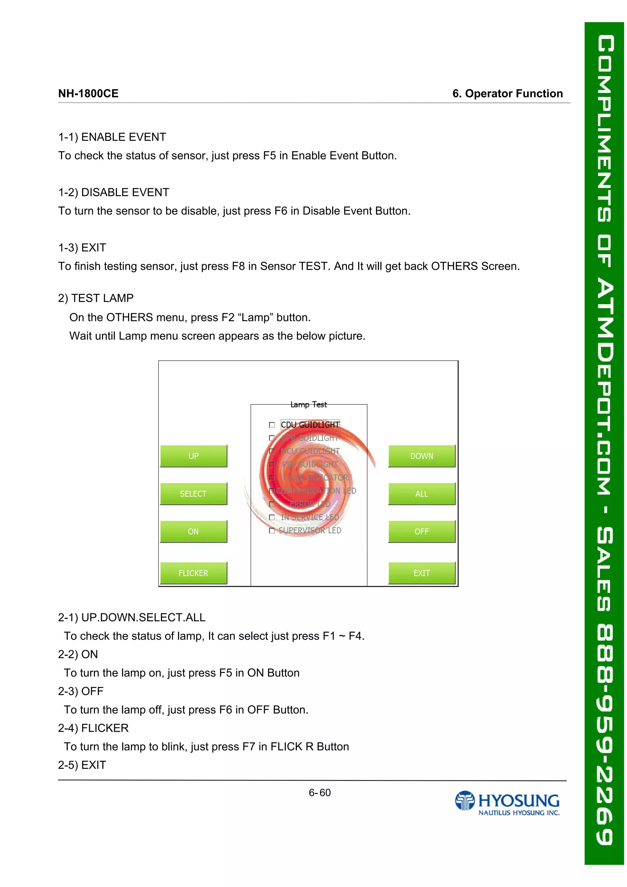 NH-1800CE 6. Operator Function
1-1) ENABLE EVENT
To check the status of sensor, just press F5 in Enable Event Button.
1-2) DISABLE EVENT
To turn the sensor to be disable, just press F6 in Disable Event Button.
1-3) EXIT
To finish testing sensor, just press F8 in Sensor TEST. And It will get back OTHERS Screen.
2) TEST LAMP
On the OTHERS menu, press F2 “Lamp” button.
Wait until Lamp menu screen appears as the below picture.
2-1) UP.DOWN.SELECT.ALL
To check the status of lamp, It can select just press F1 ~ F4.
2-2) ON
To turn the lamp on, just press F5 in ON Button
2-3) OFF
To turn the lamp off, just press F6 in OFF Button.
2-4) FLICKER
To turn the lamp to blink, just press F7 in FLICK R Button
2-5) EXIT
6- 60
 