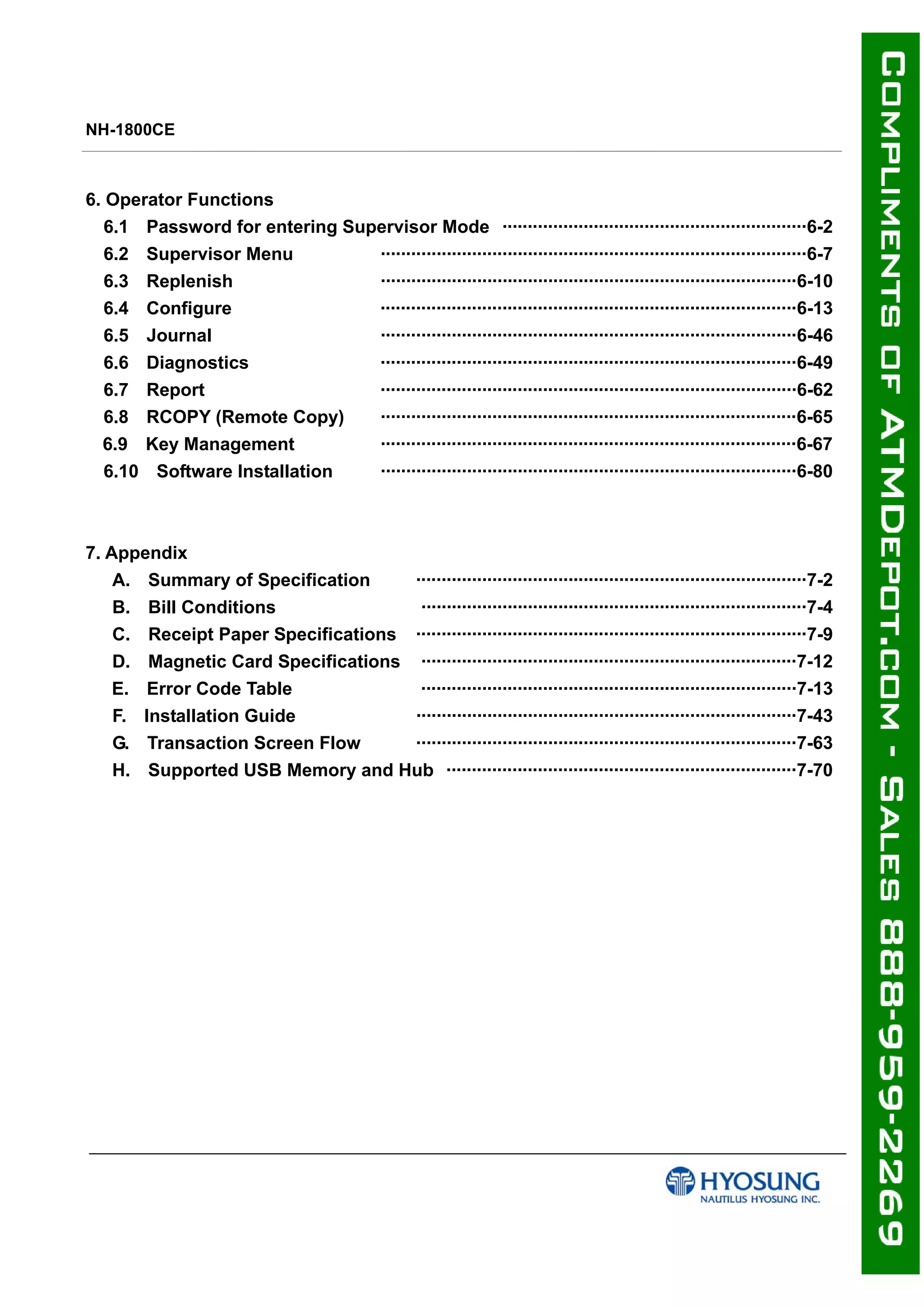 NH-1800CE
6. Operator Functions
6.1 Password for entering Supervisor Mode ····························································6-2
6.2 Supervisor Menu
6.3 Replenish
6.4 Configure
6.5 Journal
6.6 Diagnostics
6.7 Report
6.8 RCOPY (Remote Copy)
6.9 Key Management
6.10 Software Installation
7. Appendix
A. Summary of Specification
B. Bill Conditions
C. Receipt Paper Specifications
D. Magnetic Card Specifications
E. Error Code Table
F. Installation Guide
G. Transaction Screen Flow
····················································································6-7
··················································································6-10
··················································································6-13
··················································································6-46
··················································································6-49
··················································································6-62
··················································································6-65
··················································································6-67
··················································································6-80
·············································································7-2
············································································7-4
·············································································7-9
··········································································7-12
··········································································7-13
···········································································7-43
···········································································7-63
H. Supported USB Memory and Hub ·····································································7-70
 