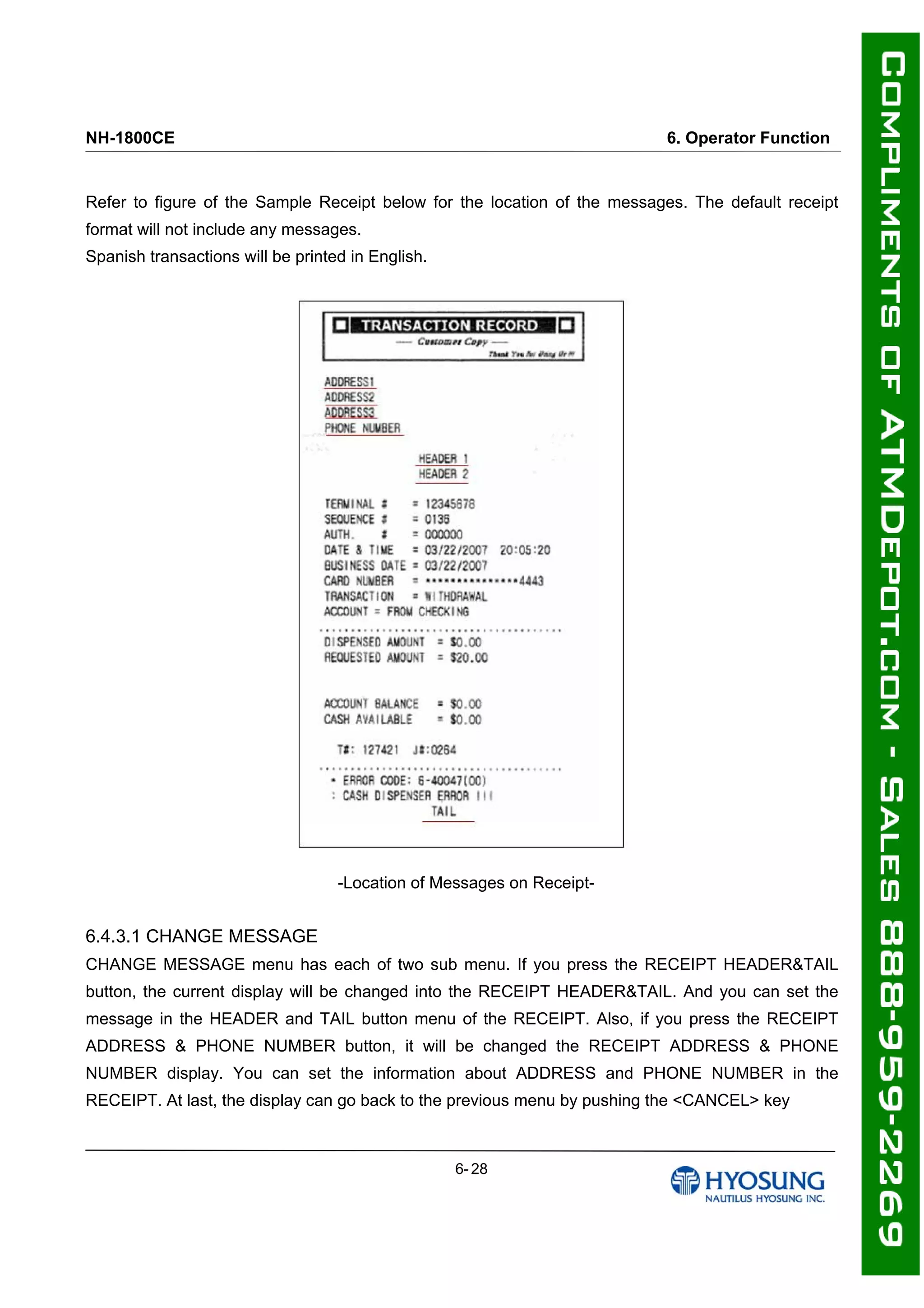 NH-1800CE 6. Operator Function
Refer to figure of the Sample Receipt below for the location of the messages. The default receipt
format will not include any messages.
Spanish transactions will be printed in English.
-Location of Messages on Receipt-
6.4.3.1 CHANGE MESSAGE
CHANGE MESSAGE menu has each of two sub menu. If you press the RECEIPT HEADER&TAIL
button, the current display will be changed into the RECEIPT HEADER&TAIL. And you can set the
message in the HEADER and TAIL button menu of the RECEIPT. Also, if you press the RECEIPT
ADDRESS & PHONE NUMBER button, it will be changed the RECEIPT ADDRESS & PHONE
NUMBER display. You can set the information about ADDRESS and PHONE NUMBER in the
RECEIPT. At last, the display can go back to the previous menu by pushing the <CANCEL> key
6- 28
 
