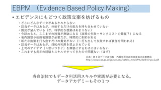 EBPM （Evidence Based Policy Making）
• エビデンスにもどつく政策立案を妨げるもの
・どこにどんなデータがあるかわからない
・該当データはあるが、分析するだけの能力を持ち合わせていない
・国民が望んでいる（が、...