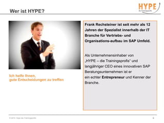 Wer ist HYPE? Frank Rechsteiner ist seit mehr als 12 Jahren der Spezialist innerhalb der IT Branche für Vertriebs- und Organisations-aufbau im SAP Umfeld.Als Unternehmensinhaber von „HYPE – die Trainingsprofis“ und langjähriger CEO eines innovativen SAP Beratungsunternehmen ist er ein echter Entrepreneur und Kenner der Branche.  Ich helfe Ihnen, gute Entscheidungen zu treffen  © 2010, Hype die Trainingsprofis4