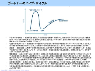 Copyright © 2013 本荘修二/Honjo International All Rights Reserved. 10
ガートナーのハイプ・サイクル
• テクノロジの黎明期 － 画期的な新技術としての潜在的な可能性への期待から、初期のPOC （Proof-of-Concept ： 機能検
証）やメディアで取り上げられることで、世間から大きく注目されるようになります。通常は実際に利用できる製品が存在せず、
商業面での真の有効性は証明されていません。
• 「過度な期待」のピーク － 初期段階における世間からの注目が一部の成功例を熱狂的にクローズアップします。しばしば、こ
れには多数の失敗例が隠れています。この段階で一部の企業は行動を起こしますが、ほとんどの企業は静観しています。
• 幻滅期 － 過度に高まった期待や当初の約束に応えることができず、興味が失われていきます。この段階でベンダーの淘汰
や消滅がおこります。生き残ったベンダーだけがこの技術への投資を継続して製品を改善し、初期導入者はメリットを享受す
ると共に満足度が高まります。
• 啓蒙活動期 －失敗から様々なことを学び取り、初期導入者の実際の経験から新技術の有用性が徐々に明らかになってきま
す。この新技術が企業にもたらす効果について、より当を得た洞察力に富む理解が広がり具体化していきます。淘汰され少
数になったベンダーから第2世代や第3世代の製品が提供されます。この時期には、リスクを冒す覚悟のある企業が技術を前
向きに採用し、ある程度のリスクを受け入れられる企業はパイロット的に投資を行い、保守的な企業は依然として静観。
• 生産性の安定期 － 主流としての導入、採用が始まります。技術は適度なレベルにまで成熟し、効果が実証されている導入
プロセスを経て、企業へ確実なメリットをもたらします。ベンダーの実行能力を評価する基準が、より明確に定義されます。
• 生産性の安定期の最終的な高さは、この技術が有用性を発揮できる市場の幅広さや、ニッチ（すき間） 市場への適応性に
よって決まります。
 
