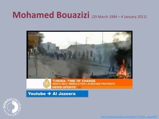 Mohamed Bouazizi (29 March 1984 – 4 January 2011)
http://www.youtube.com/watch?v=jHw_auqod6Y
Youtube  Al Jazeera
 