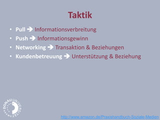 Taktik
• Pull  Informationsverbreitung
• Push  Informationsgewinn
• Networking  Transaktion & Beziehungen
• Kundenbetreuung  Unterstützung & Beziehung
http://www.amazon.de/Praxishandbuch-Soziale-Medien
 