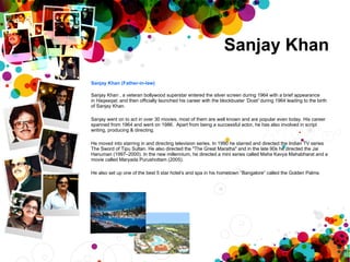 Sanjay Khan (Father-in-law) Sanjay Khan , a veteran bollywood superstar entered the silver screen during 1964 with a brief appearance in  Haqeeqat,  and then officially launched his career with the blockbuster  'Dosti'  during 1964 leading to the birth of Sanjay Khan.   Sanjay went on to act in over 30 movies, most of them are well known and are popular even today. His career spanned from 1964 and went on 1986.  Apart from being a successful actor, he has also involved in script writing, producing & directing.   He moved into starring in and directing television series. In 1990 he starred and directed the Indian TV series The Sword of Tipu Sultan. He also directed the "The Great Maratha" and in the late 90s he directed the Jai Hanuman (1997–2000). In the new millennium, he directed a mini series called Maha Kavya Mahabharat and a movie called Maryada Purushottam (2005).   He also set up one of the best 5 star hotel’s and spa in his hometown “Bangalore” called the Golden Palms. Sanjay Khan 
