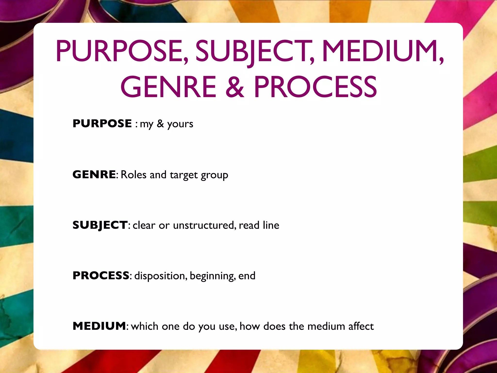 PURPOSE, SUBJECT, MEDIUM,
    GENRE & PROCESS
 PURPOSE : my & yours



 GENRE: Roles and target group



 SUBJECT: clear or unstructured, read line



 PROCESS: disposition, beginning, end



 MEDIUM: which one do you use, how does the medium affect
 