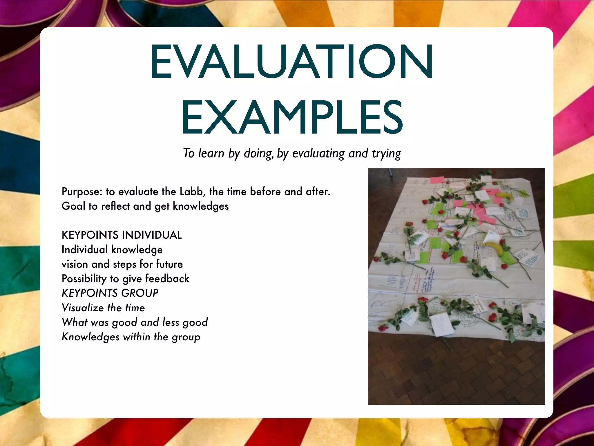 EVALUATION
                   EXAMPLES
                         To learn by doing, by evaluating and trying

Purpose: to evaluate the Labb, the time before and after.
Goal to reﬂect and get knowledges

KEYPOINTS INDIVIDUAL
Individual knowledge
vision and steps for future
Possibility to give feedback
KEYPOINTS GROUP
Visualize the time
What was good and less good
Knowledges within the group
 