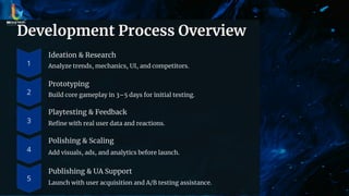 Development Process Overview
Ideation & Research
Analyze trends, mechanics, UI, and competitors.
Prototyping
Build core gameplay in 3–5 days for initial testing.
Playtesting & Feedback
Refine with real user data and reactions.
Polishing & Scaling
Add visuals, ads, and analytics before launch.
Publishing & UA Support
Launch with user acquisition and A/B testing assistance.
 