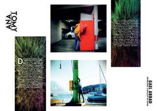 D
ans cette série photographique,
j’utilise le corps comme matériau
plastique. Dans ces photos je
propose de nouvelles relations
entre le corps et l’espace qui perturbent
nos modes de perceptions. Dans ce tra-
vail, le corps est le sujet principal, je le
manipule et en modifie la structure à
l’aide de couleurs. Ce que je recherche
dans ces clichés c’est une frontière entre
réalité et fantastique. De plus, un corps
est bien présent dans chacune de ces
photos. Ce corps correspond à celui d’un
humain mais noyé dans les combinaisons
de couleurs et dans les synthèses mono-
chromatiques. Il en résulte une sensation
d’étrangeté et le surréalisme impliquant
des brouillages perceptifs. Un mécanisme
proche du trompe l’oeil autrement dit.
ANATOMY
Histoire
des
arts
Partie
5
-
Rudy
Rigoudy
Enfin une narration conduite par les
couleurs et la géométrie prend forme
et découpe l’image, ainsi il est possible
de percevoir à la fois un espace réel,
celui contenant le corps humain identifié
facilement, et puis une deuxième partie
plus complexe, surréaliste et fantastique
et qui déshumanise ce corps déjà sans
visage. Des paradoxes apparaissent
et disparaissent en fonction de la lec-
ture de la photo. Finalement le fruit de
mes travaux est ici, la création d’une
image ambigüe partagée entre deux
parties paradoxales, une faisant appel
au réel, l’autre au surréalisme. Un mé-
lange très hybride, proposant finalement
une nouvelle expérience perceptive.
GAEL
ABBAD
 