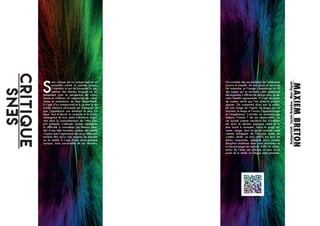 S
ens critique est un autoportrait et un
pamphlet contre la pensée unique.
L’intention ici est de bousculer la per-
ception des thèmes évoqués en les
présentant avec la perspective de «simu-
lacres et artifices» (à rapprocher de «simu-
lacres et simulation» de Jean Baudrillard).
Il s’agit d’un autoportrait et à ce titre la se-
conde intention principale est d’évoquer ce
que j’appellerais une émotion: le sens cri-
tique. Tout d’abord, le contexte et le cahier
renseignent de mon statut d’étudiant, impor-
tant dans la compréhension de l’état d’es-
prit présenté. L’attitude choisie représente
la difficulté à considérer les thèmes abor-
dés d’une telle manière, comme des entités
n’ayant que l’apparence de ce qu’elles pré-
tendent être et/ou des moyens de tromper
sur la réalité. Il s’agit d’une vision presque
cynique, mais concevable de ces derniers.
SENSCRITIQUE
On constate vite une évolution de l’ambiance
sonore et visuelle. Un son grave et sourd se
fait entendre, et l’image s’assombrie. Au fil
des pages qui se tournent, cette ambiance
dérangeante s’affirme de plus en plus, et de-
viens bientôt oppressante. Il s’agit du poids
de «cette» vérité que l’on aimerait pouvoir
ignorer. On comprend alors que le cahier
est une image de l’esprit, les pages qui se
tournent, le temps et l’encre, l’apprentissage
et l’expérience. L’arrivée au marque-page
indique l’instant T de ma personnalité. La
vie sociale comme simulacre fait d’artifices
est alors le dernier enseigne- ment et le
plus lourd à accepter. Viens la page sui-
vante, vierge, dont la partie centrale reste
comme échappée de l’obscure poids de
«cette» vérité. Le mot «ART» est écrit en
lettres majuscules, présenté alors comme
discipline maîtresse dans «son domaine» et
le marque-page est replacé. Enfin, le cahier,
miroir de l’âme, est refermé, et avec lui le
poids de la vérité. La fatigue reste présente.
MAXIEM
BRETON
Autoportrait
-
Carole
Brandon
-
Marc
Veyrat
 