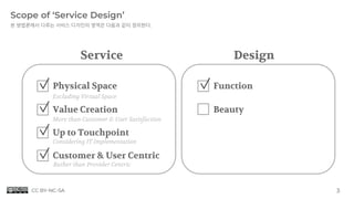 Considering IT Implementation
Scope of ‘Service Design’
본 방법론에서 다루는 서비스 디자인의 영역은 다음과 같이 정의한다.
Service Design
Physical Space
Value Creation
Up to Touchpoint
Customer & User Centric
Function
Beauty
More than Customer & User Satisfaction
Rather than Provider Centric
3
Excluding Virtual Space
CC BY-NC-SA
 