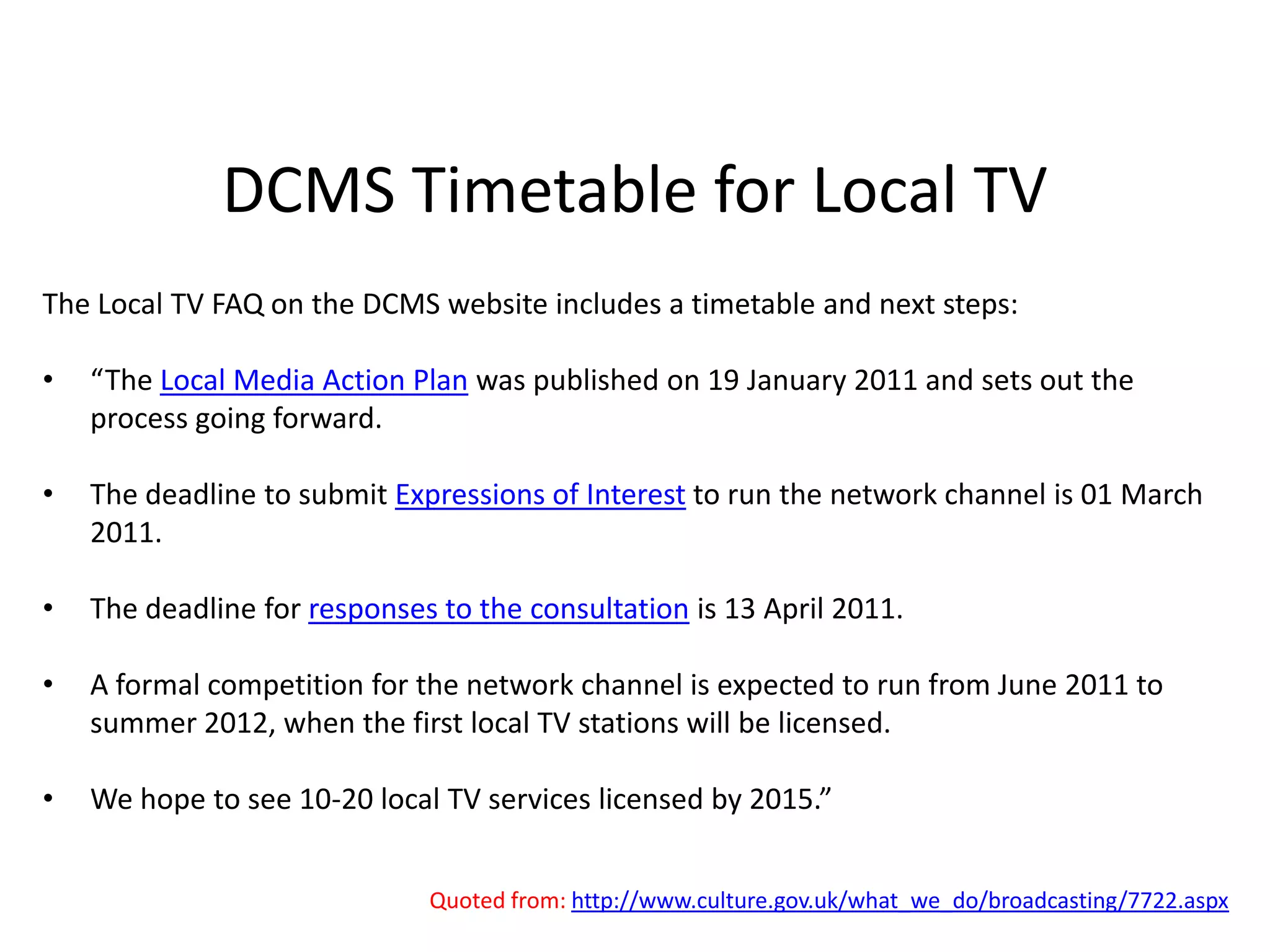 And Channel M is set for a rebirthManchester-based regional TV station Channel M will relaunch next May, new controller John Furlong has revealed. He said the broadcasting strategy for the channel, which was mothballed by Guardian Media Group after it failed to find a buyer, was yet to be concluded but it would involve original news broadcasting. Furlong told the Local Television conference at City University (in November 2010): 		“We are very positive and excited about the potential of Channel M. 		It’s a business and we need to make money but we don’t expect to make extraordinary revenues from it.” Source: http://bit.ly/91FVsO