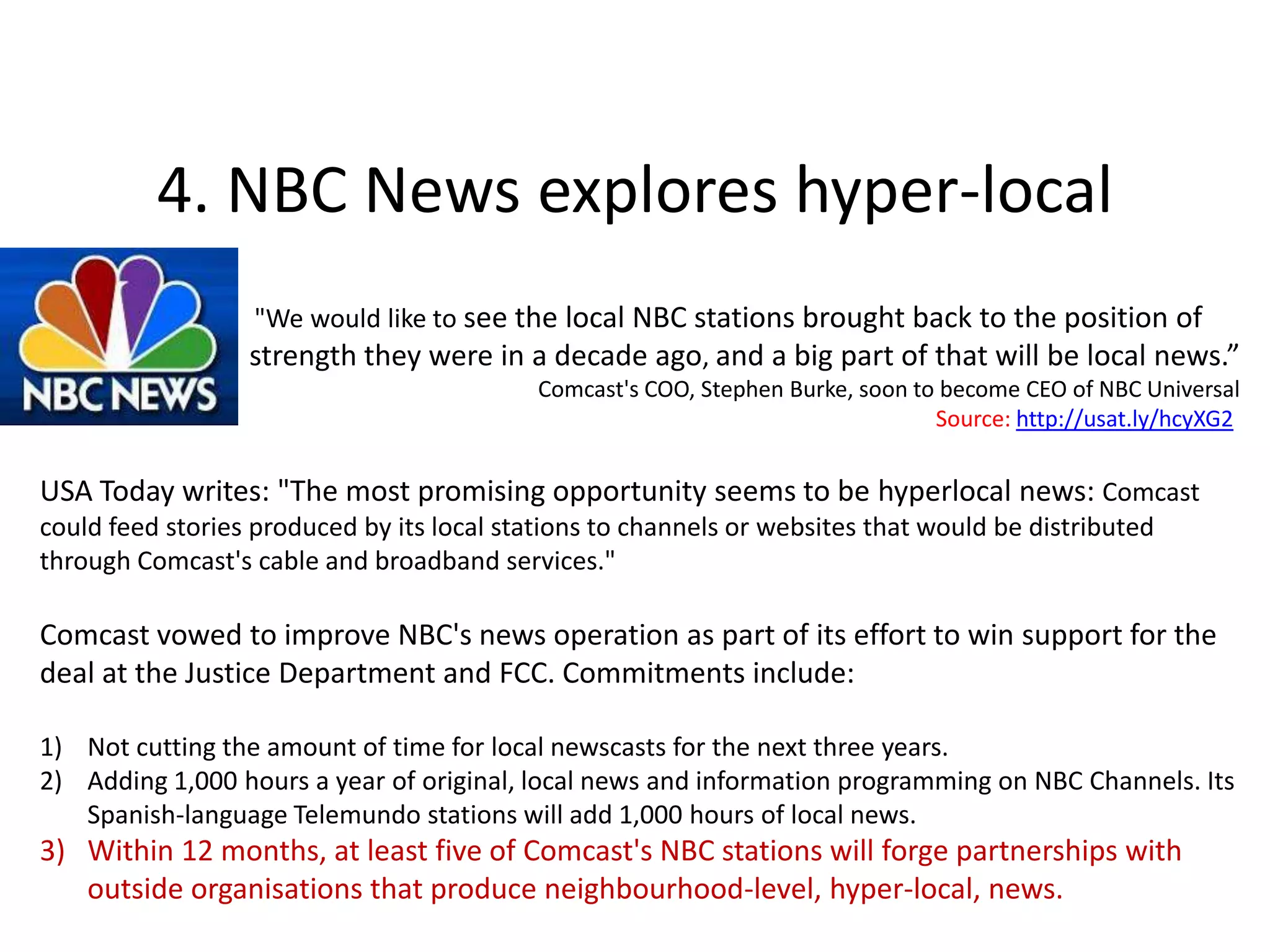 7. STV Local continues to expandLaunched mid launched ten more sites at the end of November 2010.STV Local has now launched 16 community sites in five local authority areas, covering nearly 25% of the Scottish population. Aims to see its network of local sites rolled out across the whole of Scotland over the next 18 months (Initially launched September 2010.)Source: http://bit.ly/dR7jwGSTV has also announced plans for a pilot service featuring separate editions of STV News at Six - one for east and another for west central Scotland. This means viewers in the east will see a 30-minute dedicated news programme, produced and presented from Edinburgh.Source: http://bit.ly/gzOww6