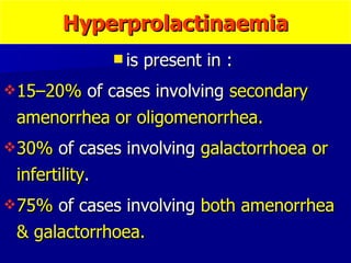 Hyperprolactinaemia is present in :  15–20%  of cases involving  secondary amenorrhea or oligomenorrhea. 30%  of cases involving  galactorrhoea or infertility . 75%  of cases involving  both amenorrhea & galactorrhoea. 